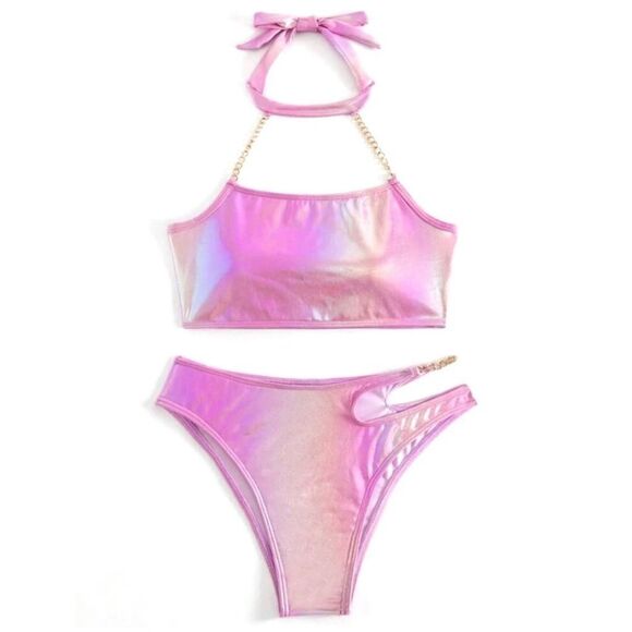 Y2K Festival Mermaidcore Metallic Holographic Choker Chain Detail Bikini - Picture 5 of 12
